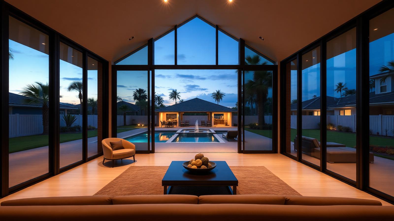 Wall of sliding glass doors in a Florida home
